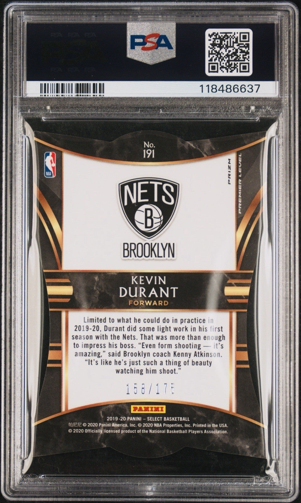 2019 PANINI SELECT KEVIN DURANT #191 DIE-CUT MAROON PRIZM /175 PSA 9