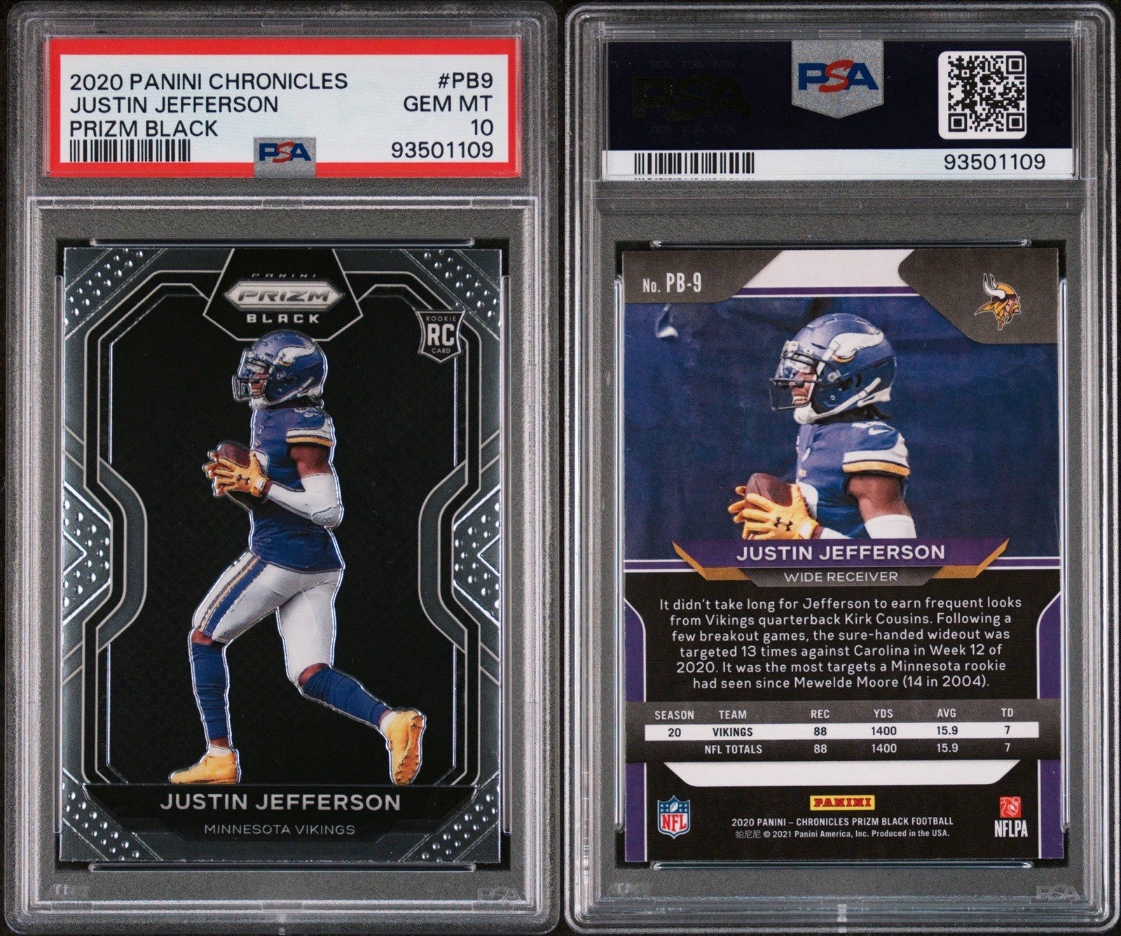 2020 PANINI CHRONICLES JUSTIN JEFFERSON PRIZM BLACK #PB9 ROOKIE PSA 10