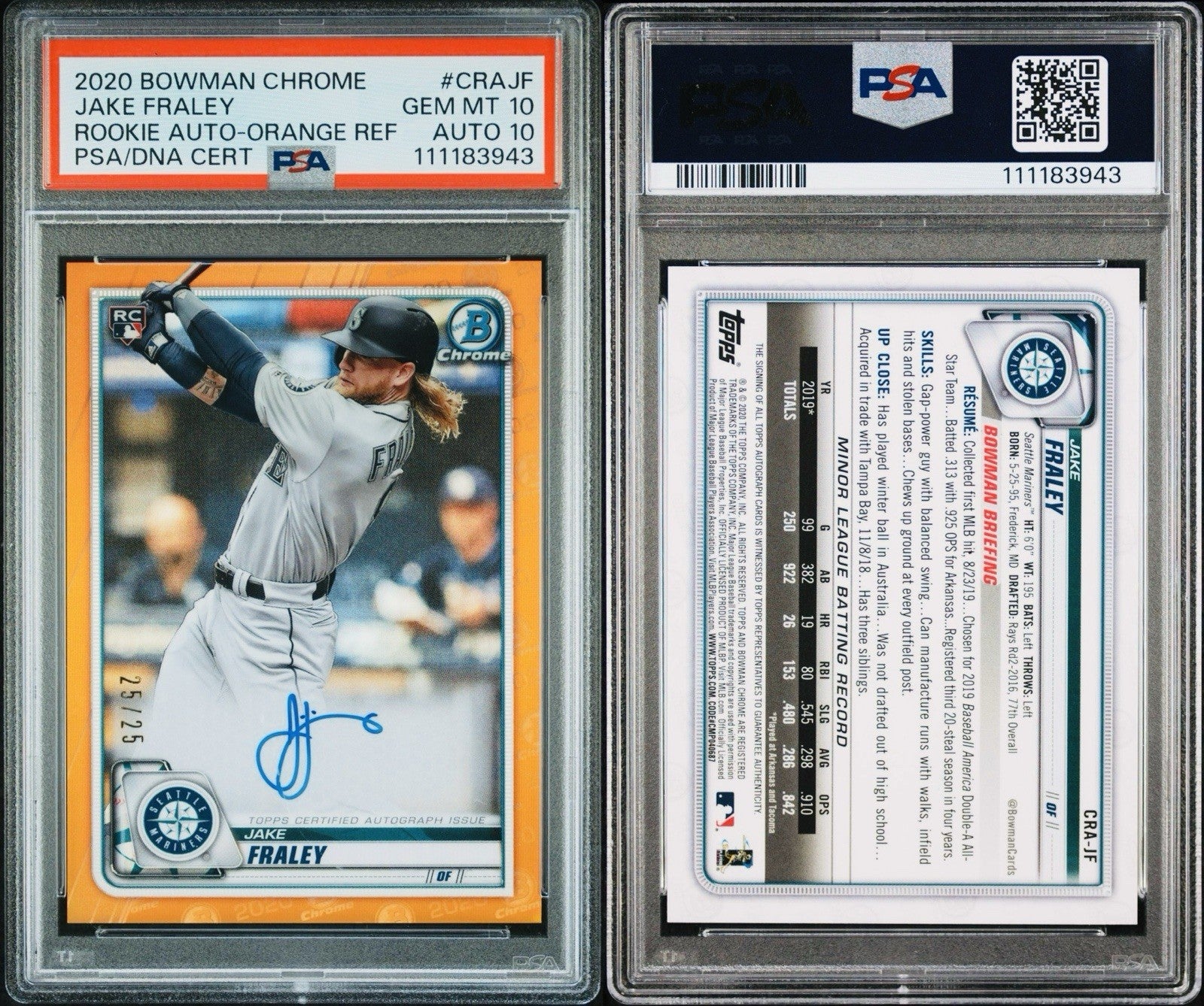 2020 BOWMAN CHROME JAKE FRALEY ORANGE REFRACTOR ROOKIE /25 PSA 10 AUTO 10 POP 2