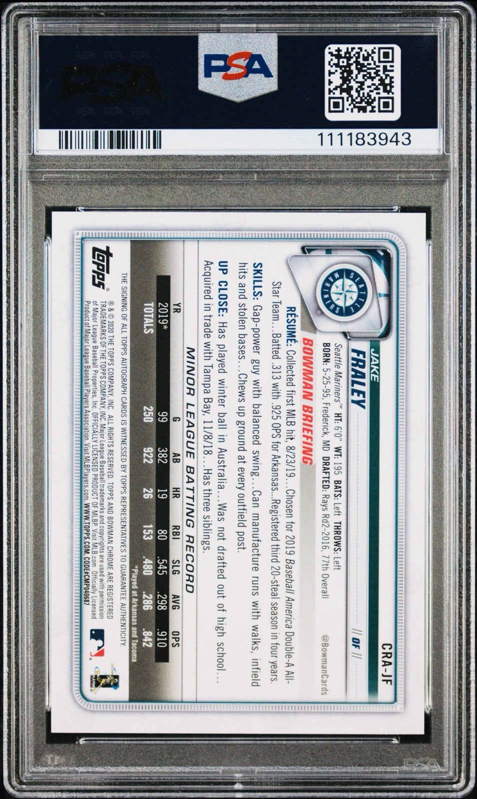 2020 BOWMAN CHROME JAKE FRALEY ORANGE REFRACTOR ROOKIE /25 PSA 10 AUTO 10 POP 2