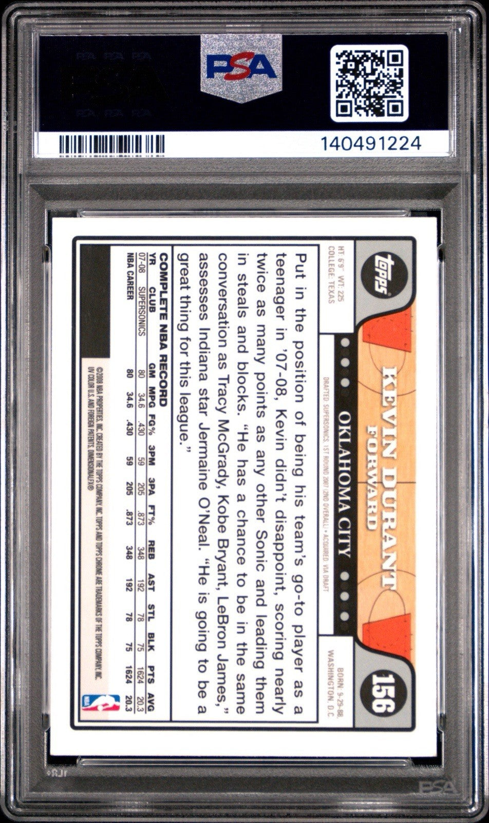 2008 TOPPS CHROME KEVIN DURANT #156 PSA 8
