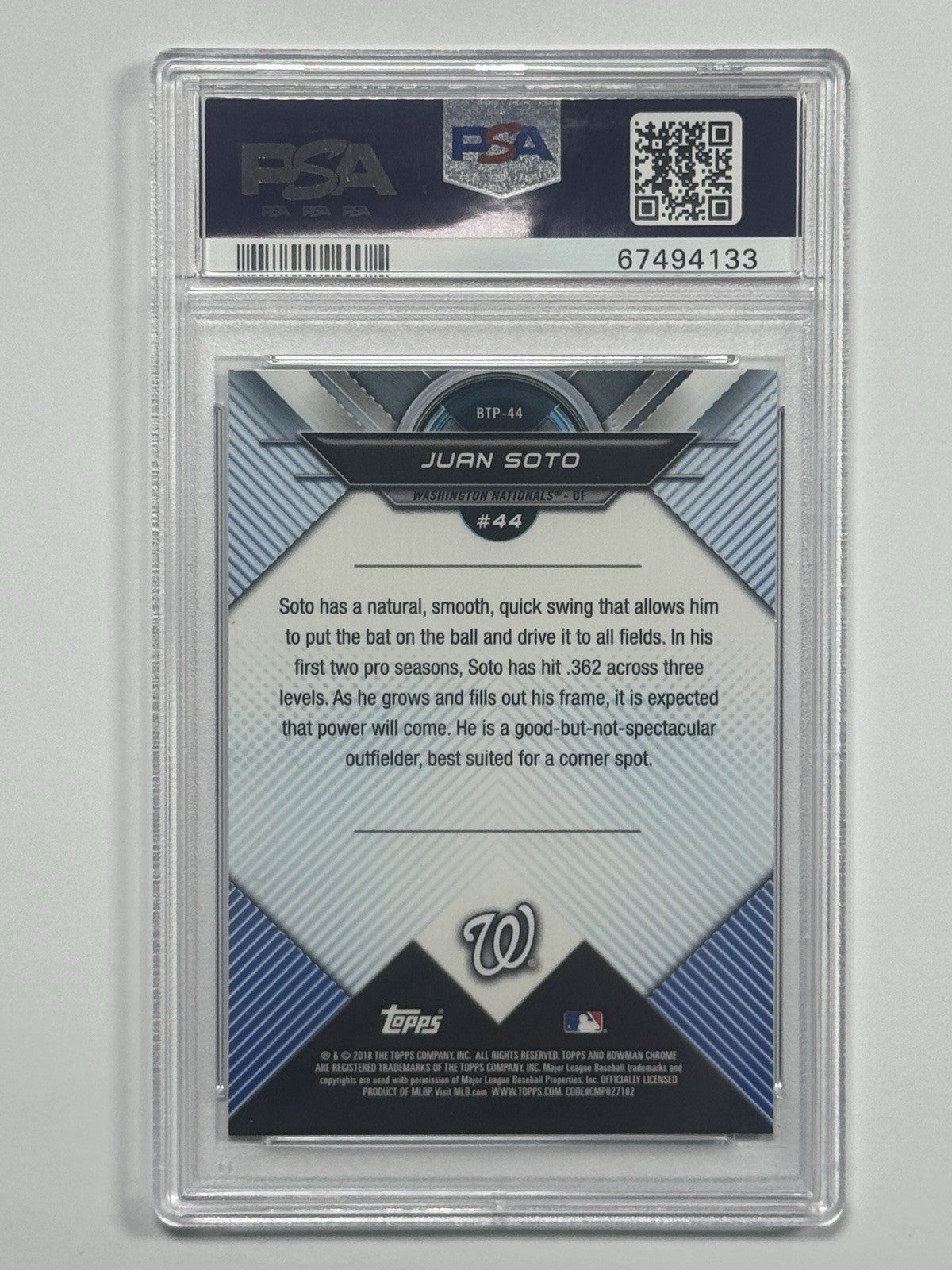 2018 BOWMAN JUAN SOTO #BTP44 SCOUTS TOP 100 CHROME ROOKIE PSA 10