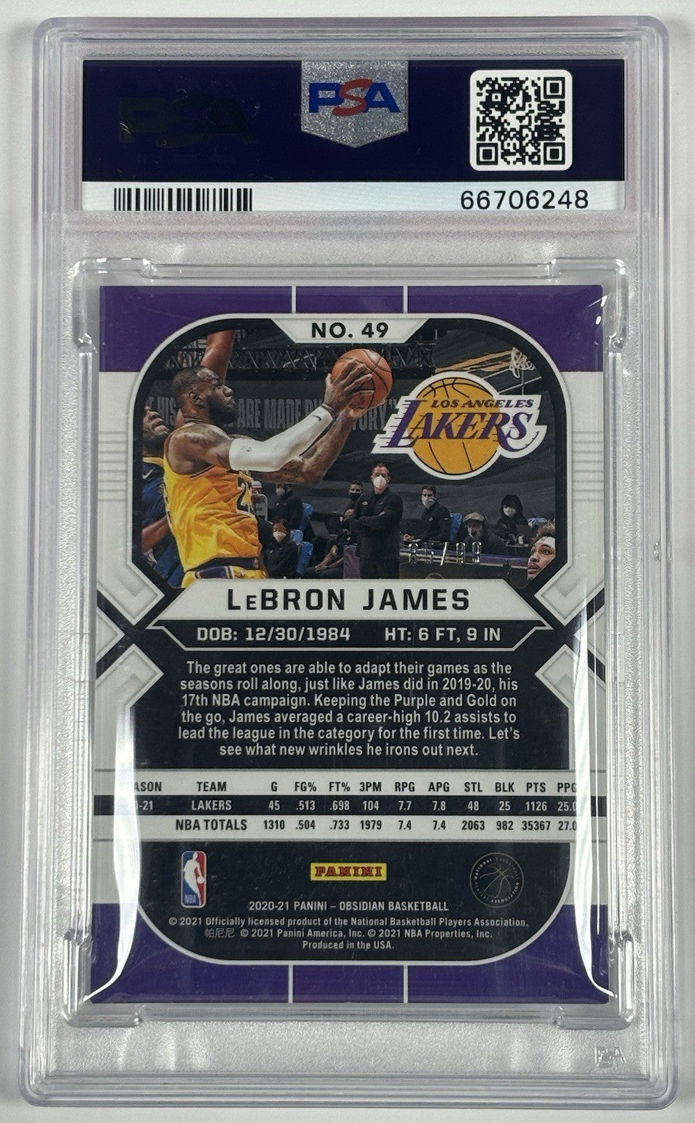 2020 OBSIDIAN LEBRON JAMES #49 ELECTRIC ETCH PURPLE /99 PSA 8