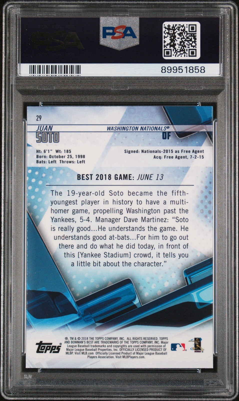 2018 BOWMAN’S BEST JUAN SOTO #29 ROOKIE PSA 10