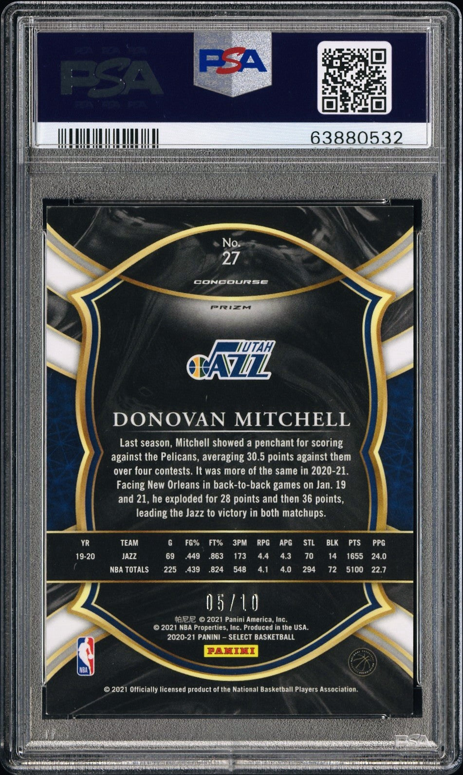2020 PANINI SELECT DONOVAN MITCHELL #27 GOLD PRIZM /10 PSA 9 POP 2