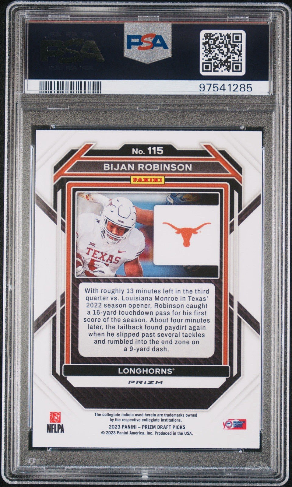 2023 PANINI PRIZM DRAFT PICKS BIJAN ROBINSON #115 PURPLE WAVE RC PSA 10 POP 12