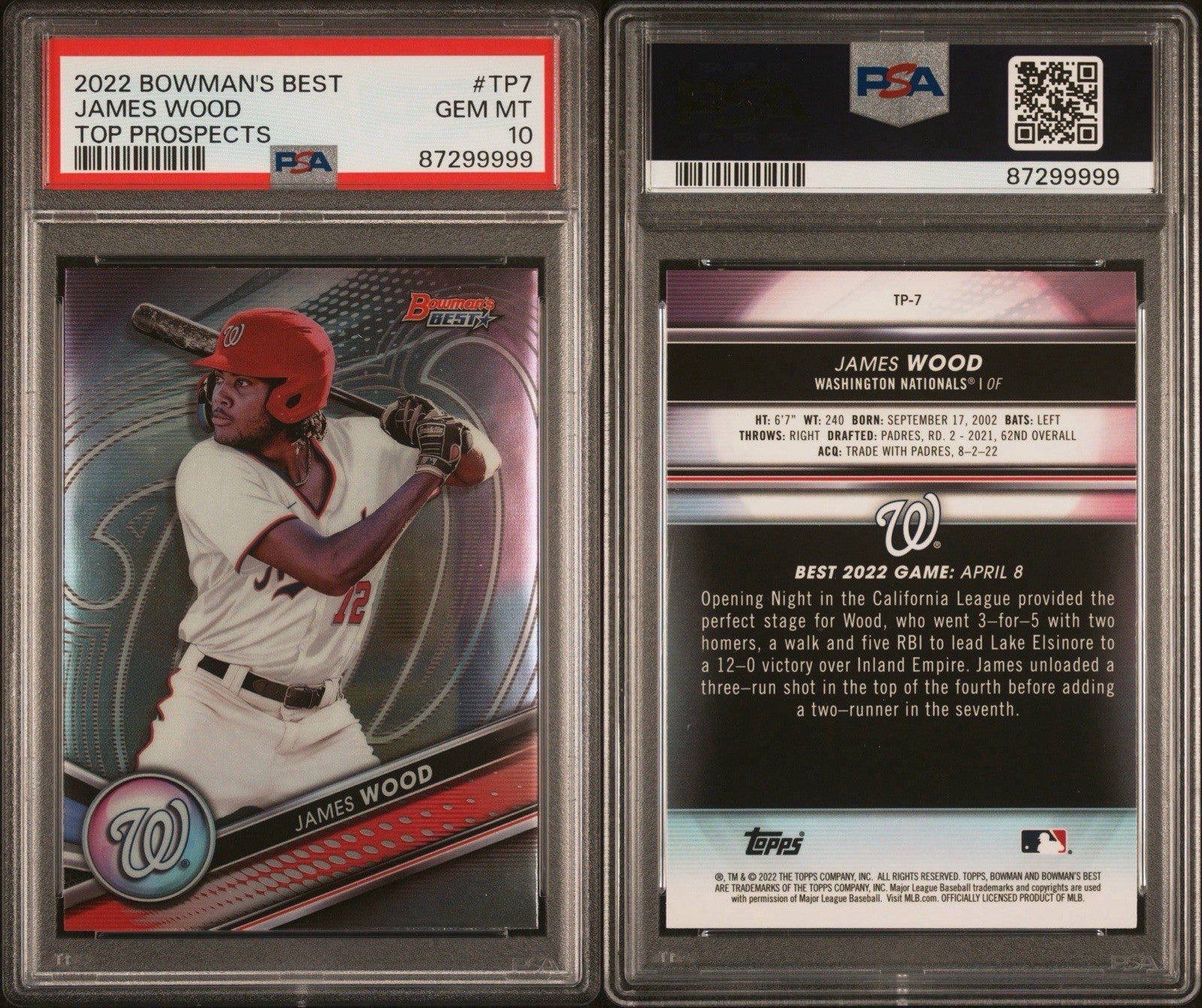 2022 BOWMAN’S BEST JAMES WOOD #TP7 TOP PROSPECTS PSA 10 POP 10