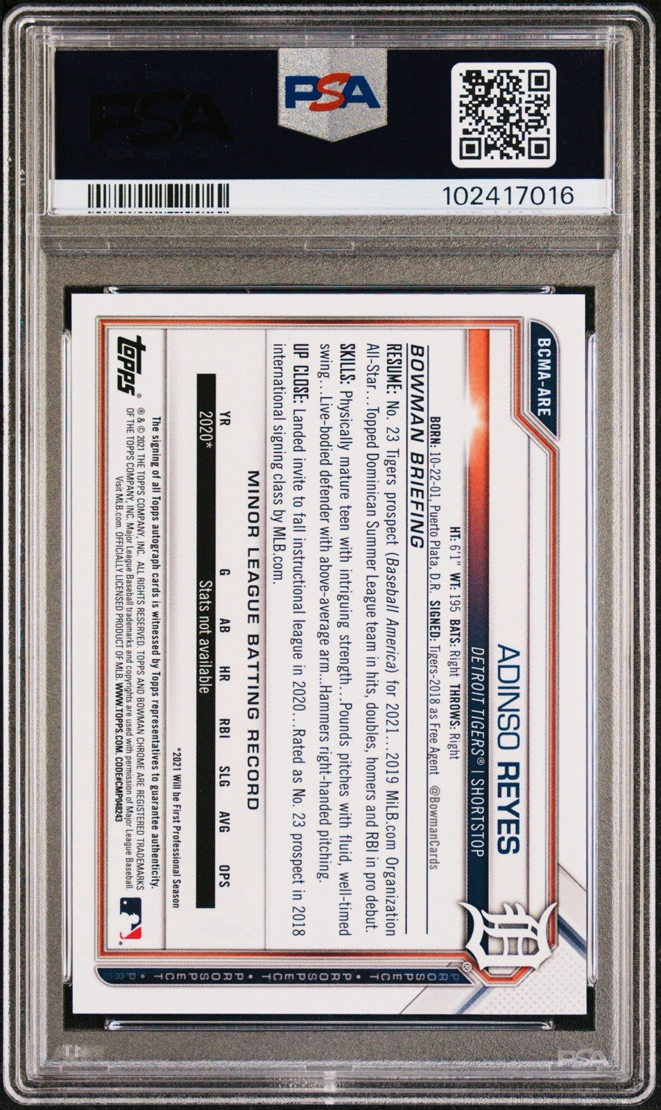 2021 BOWMAN CHROME M/B ADINSO REYES #ARE AUTO PSA 10