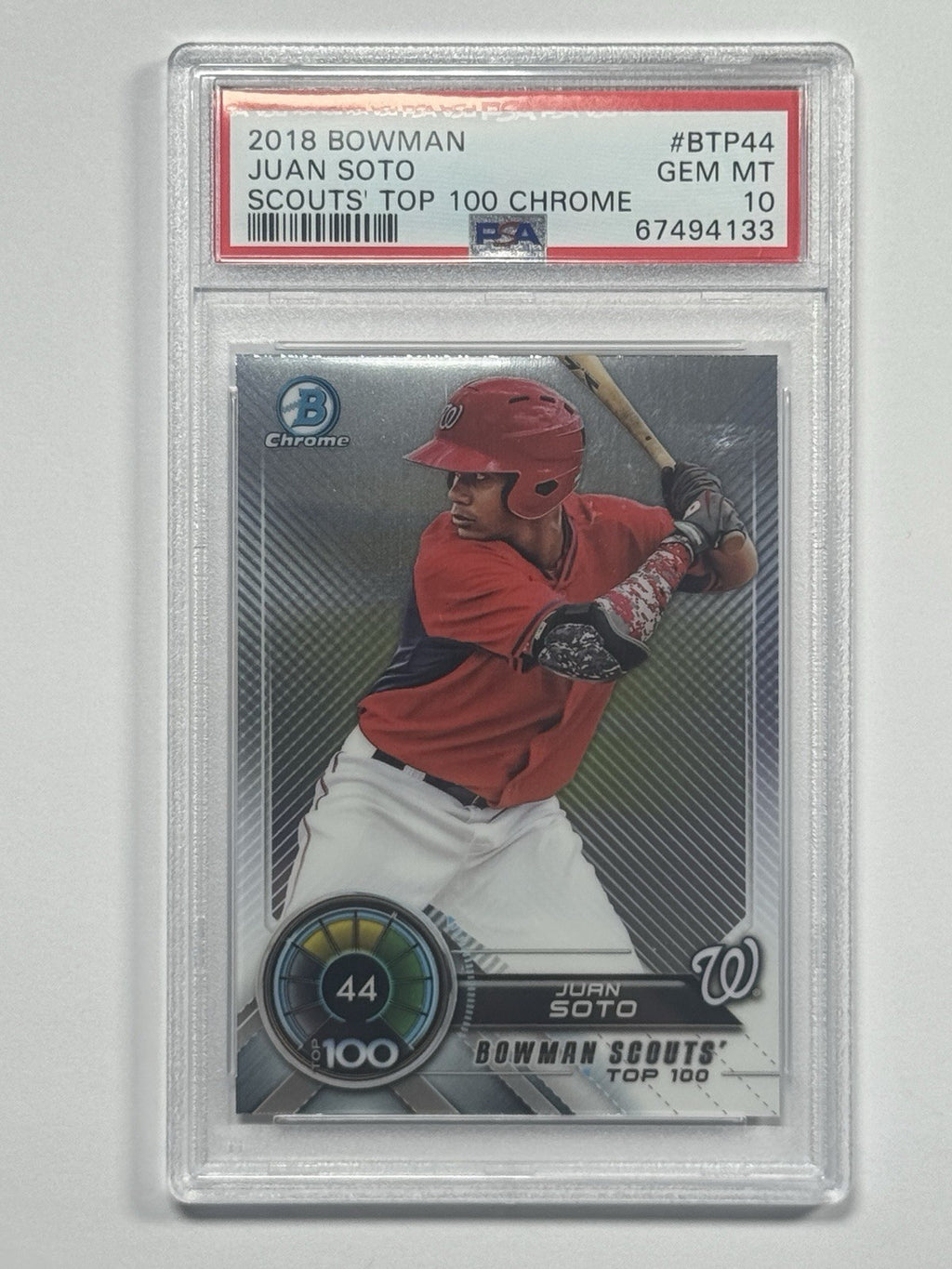 2018 BOWMAN JUAN SOTO #BTP44 SCOUTS TOP 100 CHROME ROOKIE PSA 10