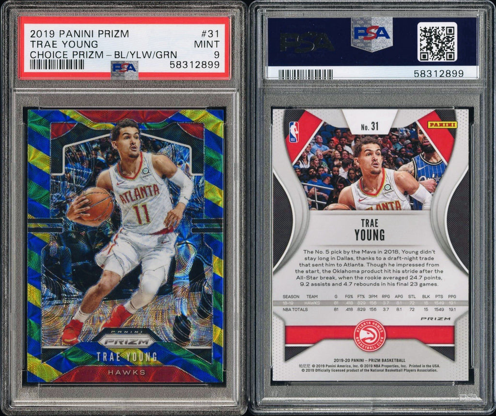 2019 PANINI PRIZM TRAE YOUNG #31 CHOICE PRIZM BLUE YELLOW GREEN PSA 9