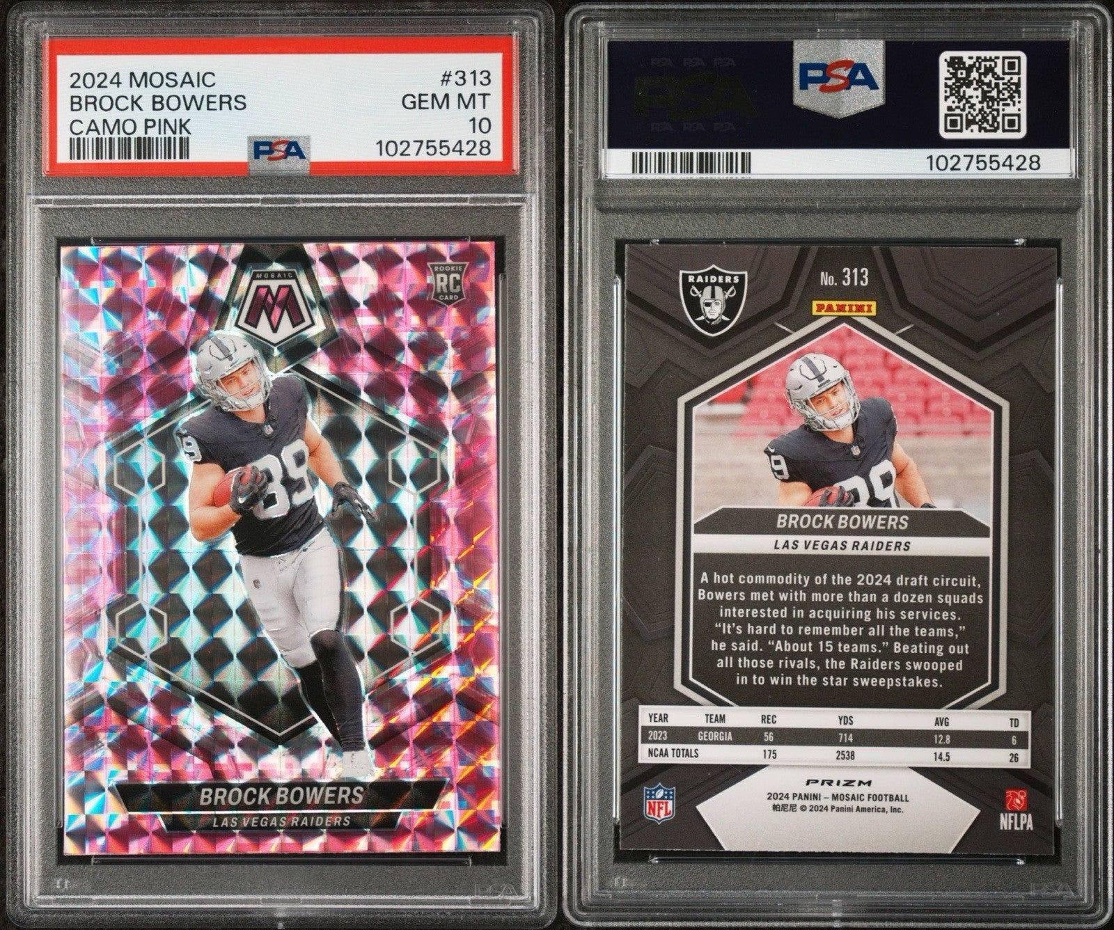 2024 PANINI MOSAIC BROCK BOWERS #313 CAMO PINK ROOKIE PSA 10