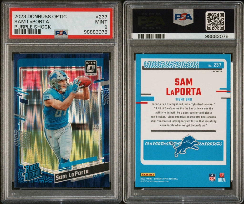 2023 DONRUSS OPTIC SAM LAPORTA #237 PURPLE SHOCK RATED ROOKIE PSA 9