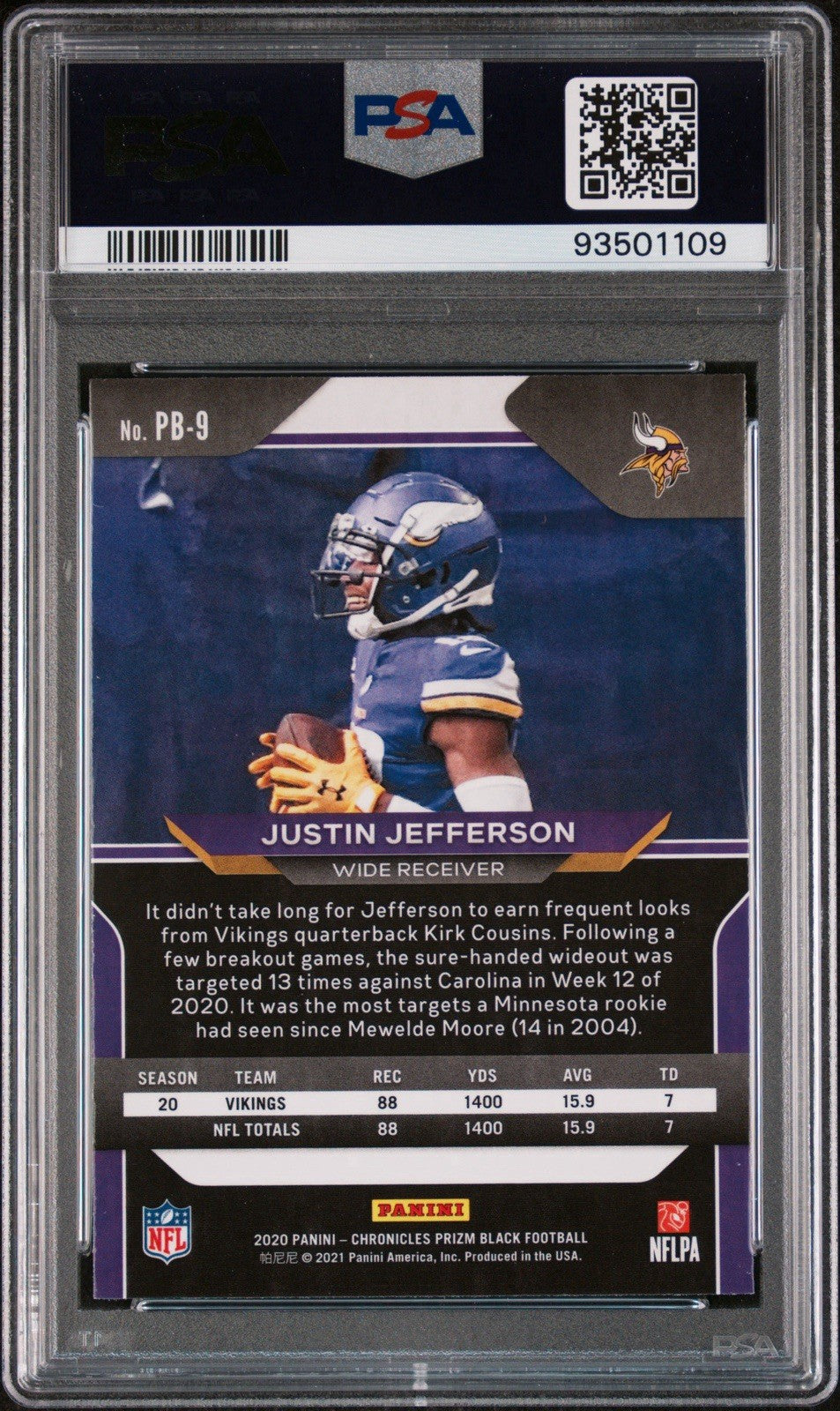 2020 PANINI CHRONICLES JUSTIN JEFFERSON PRIZM BLACK #PB9 ROOKIE PSA 10