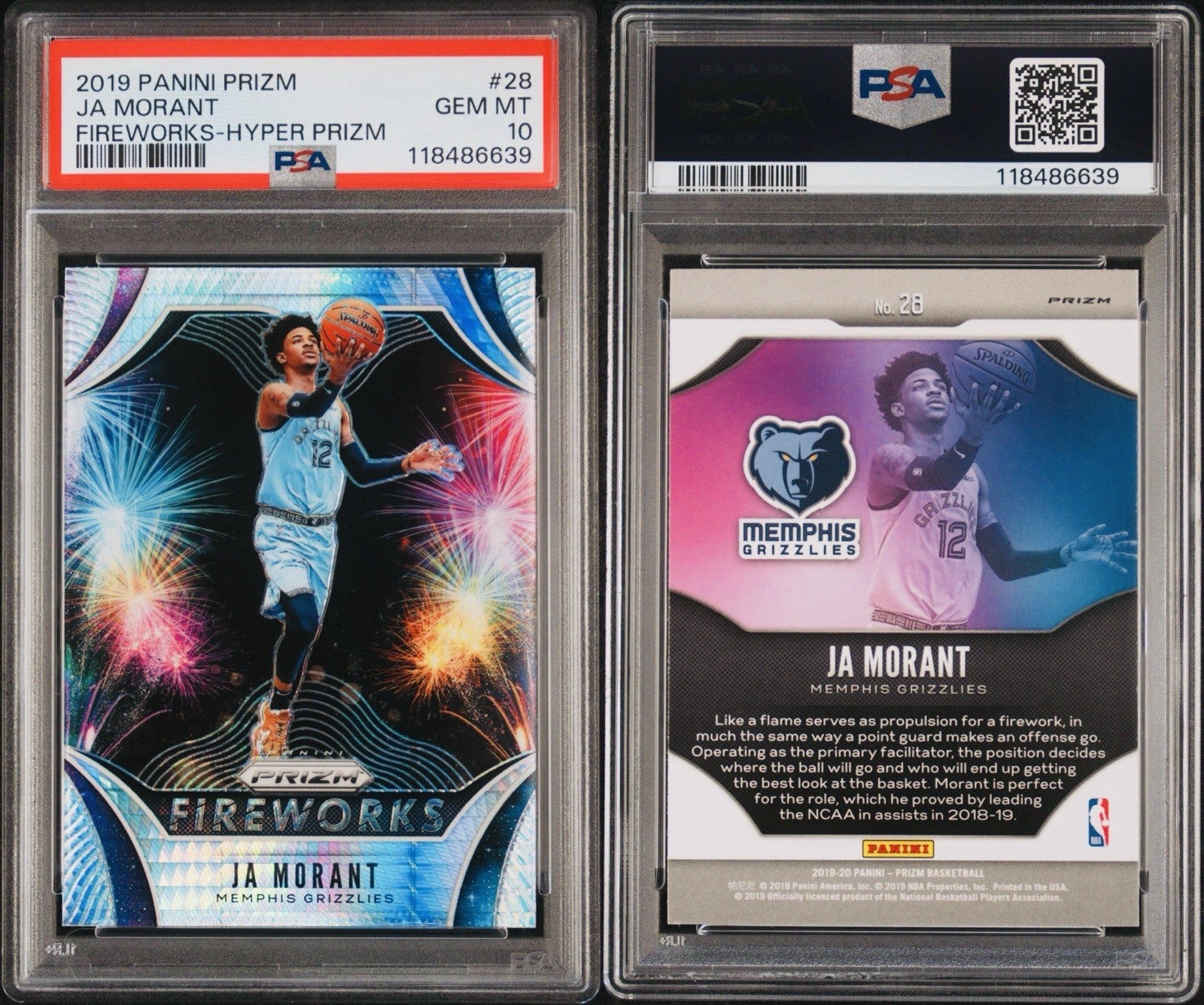 2019 PANINI PRIZM JA MORANT #28 FIREWORKS HYPER PRIZM RC PSA 10