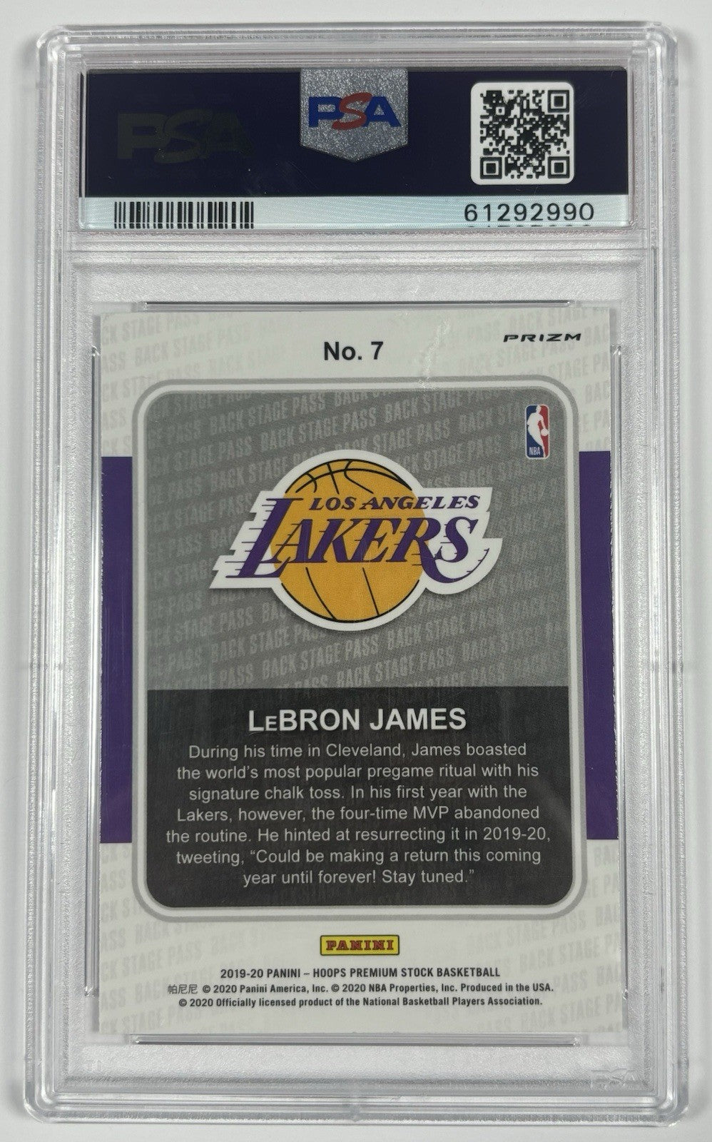 2019 PANINI NBA HOOPS LEBRON JAMES #7 BACKSTAGE PASS HOLO PSA 10