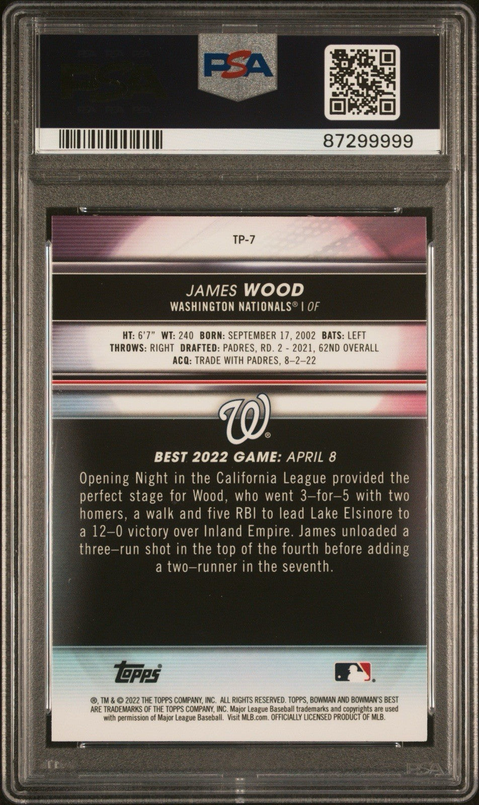 2022 BOWMAN’S BEST JAMES WOOD #TP7 TOP PROSPECTS PSA 10 POP 10