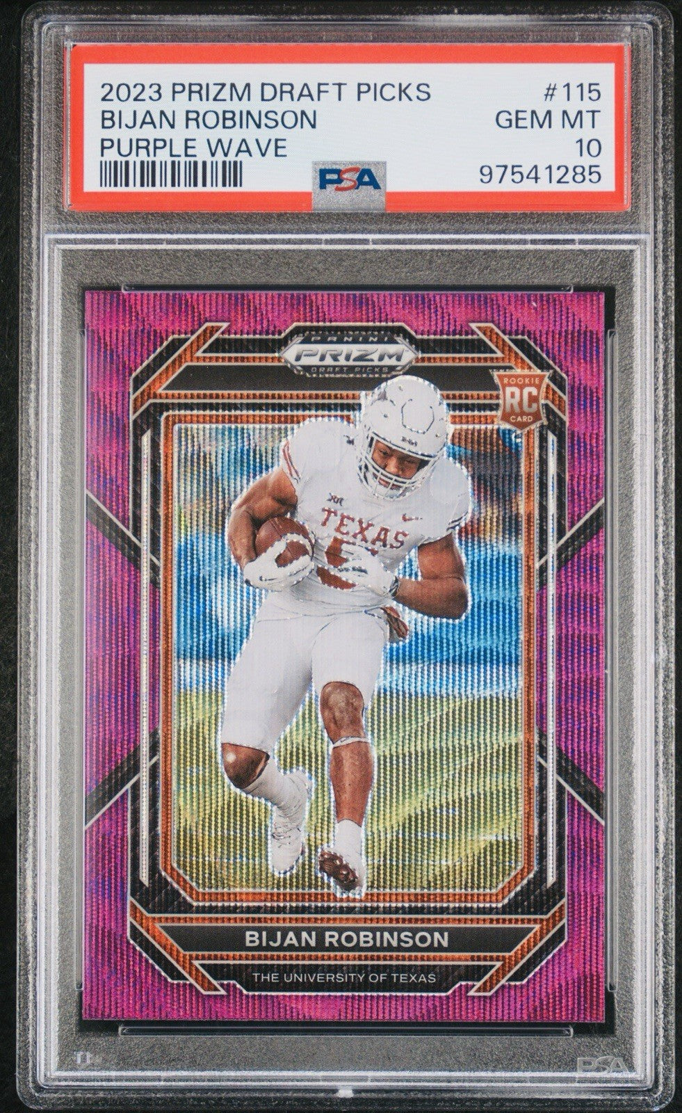 2023 PANINI PRIZM DRAFT PICKS BIJAN ROBINSON #115 PURPLE WAVE RC PSA 10 POP 12