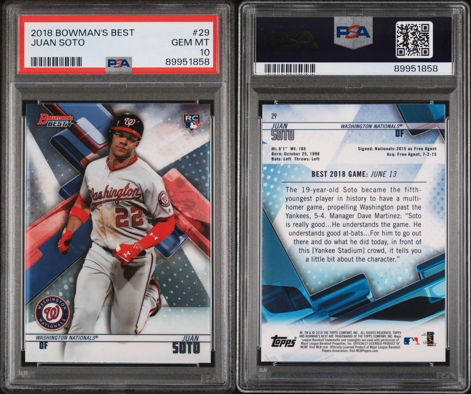 2018 BOWMAN’S BEST JUAN SOTO #29 ROOKIE PSA 10