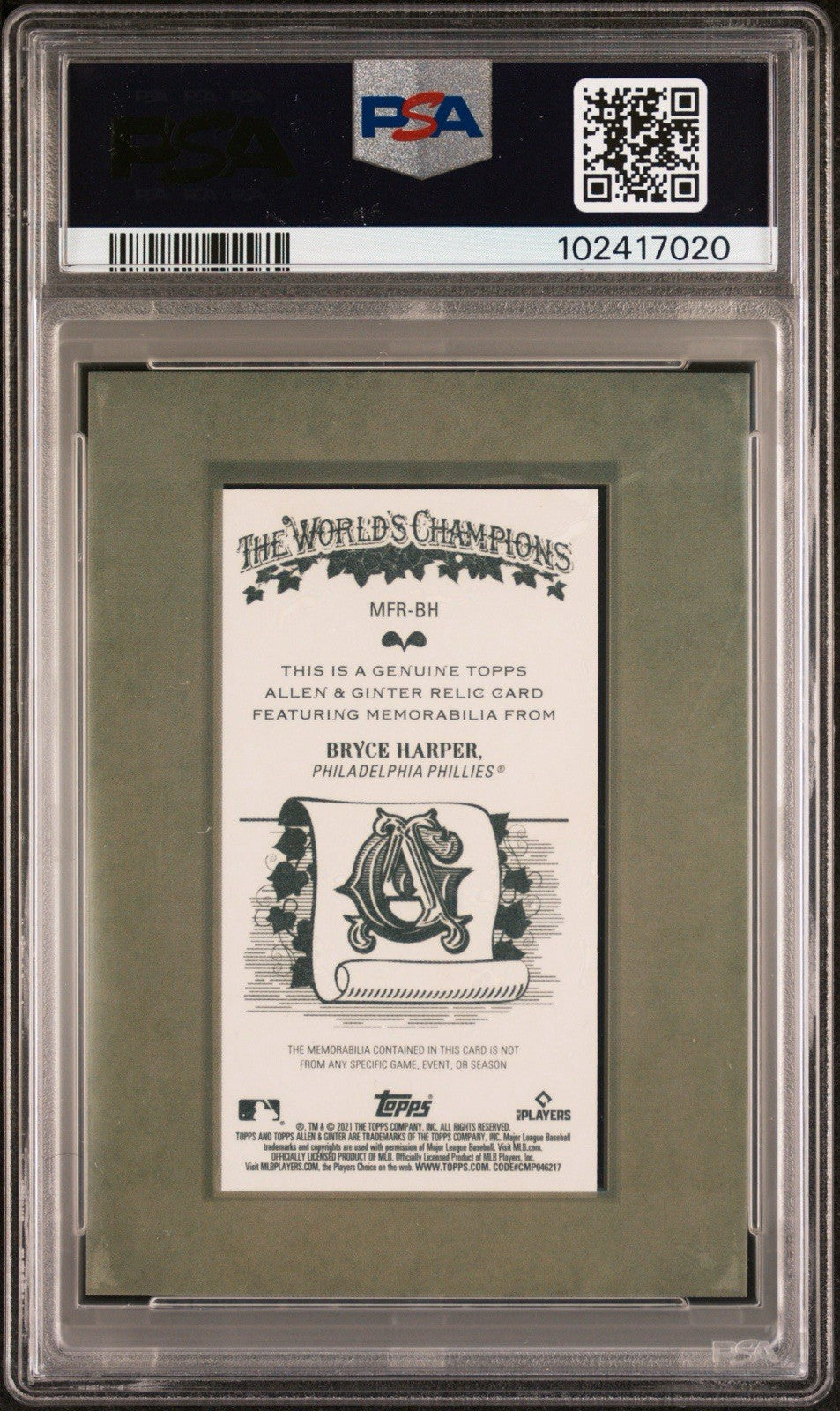 2021 ALLEN & GINTER BRYCE HARPER #MFRBH MINI FRAMED RELICS PSA 10 POP 2!