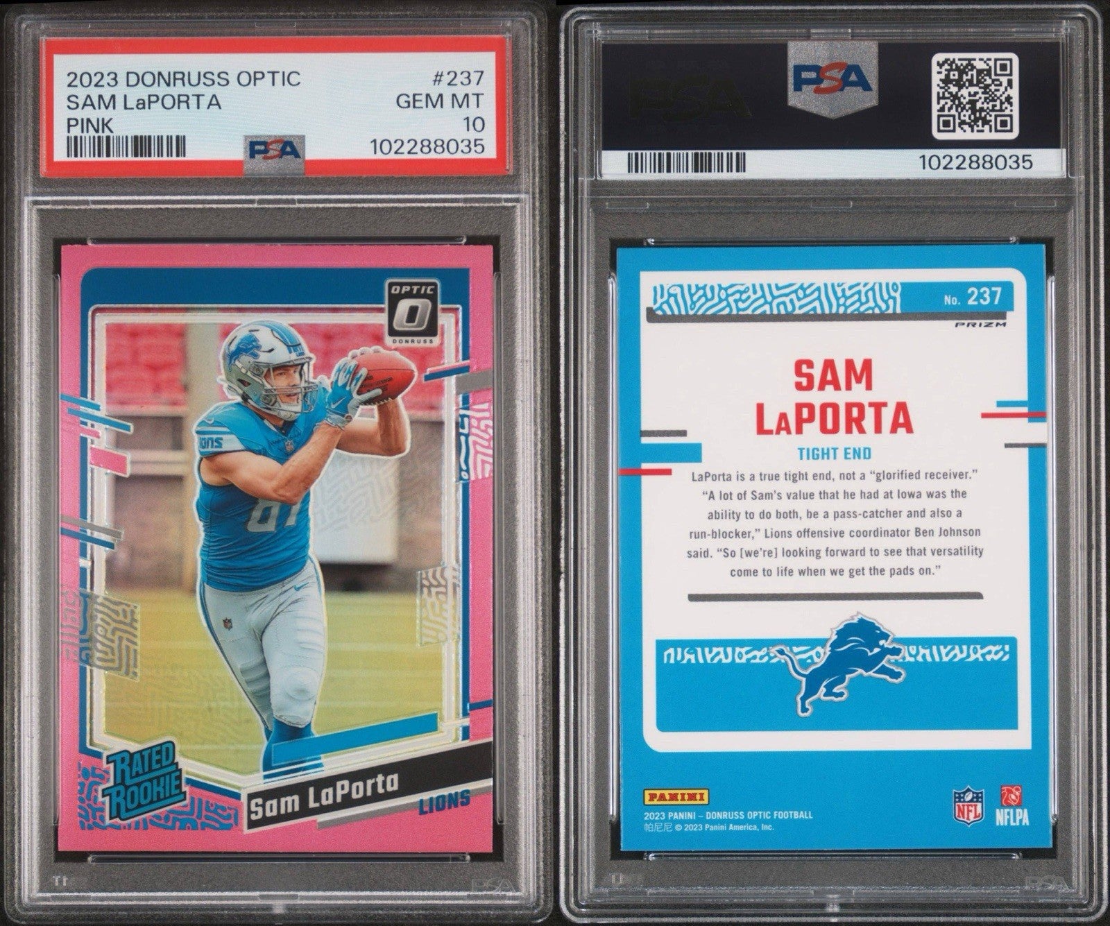 2023 DONRUSS OPTIC SAM LAPORTA #237 PINK RATED ROOKIE PSA 10