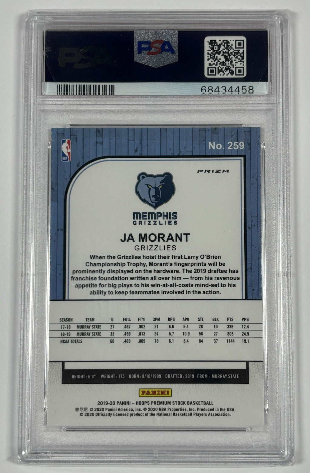 2019 NBA HOOPS PREMIUM STOCK JA MORANT #259 SILVER PRIZM PSA 9