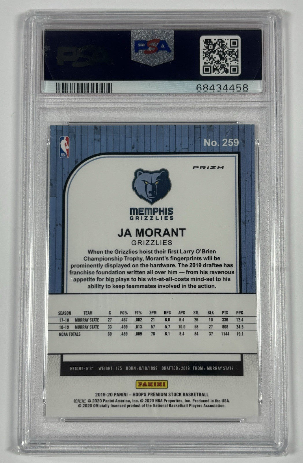 2019 NBA HOOPS PREMIUM STOCK JA MORANT #259 SILVER PRIZM PSA 9