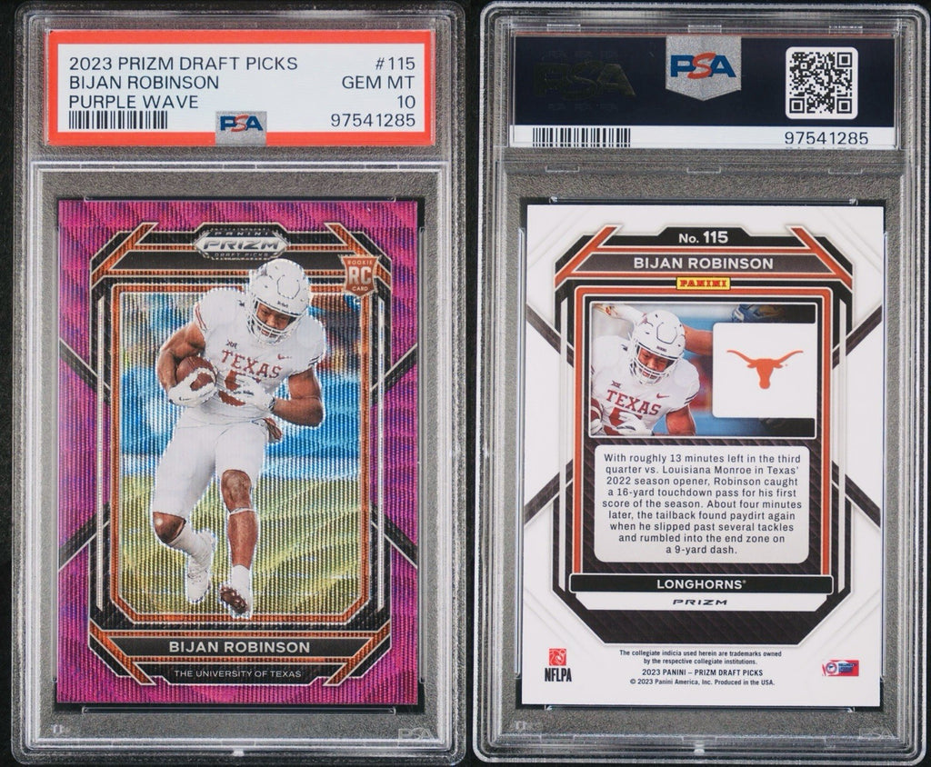 2023 PANINI PRIZM DRAFT PICKS BIJAN ROBINSON #115 PURPLE WAVE RC PSA 10 POP 12
