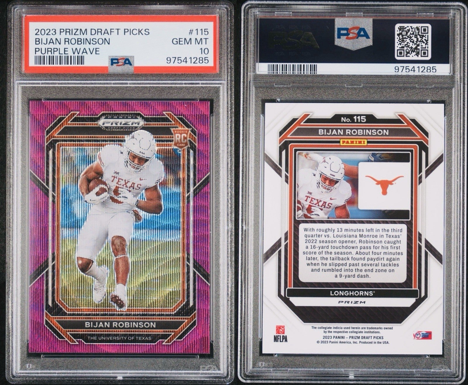 2023 PANINI PRIZM DRAFT PICKS BIJAN ROBINSON #115 PURPLE WAVE RC PSA 10 POP 12