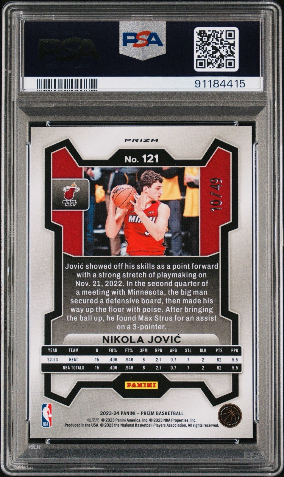 2023 PRIZM NIKOLA JOVIC #121 ORANGE /49 PSA 10