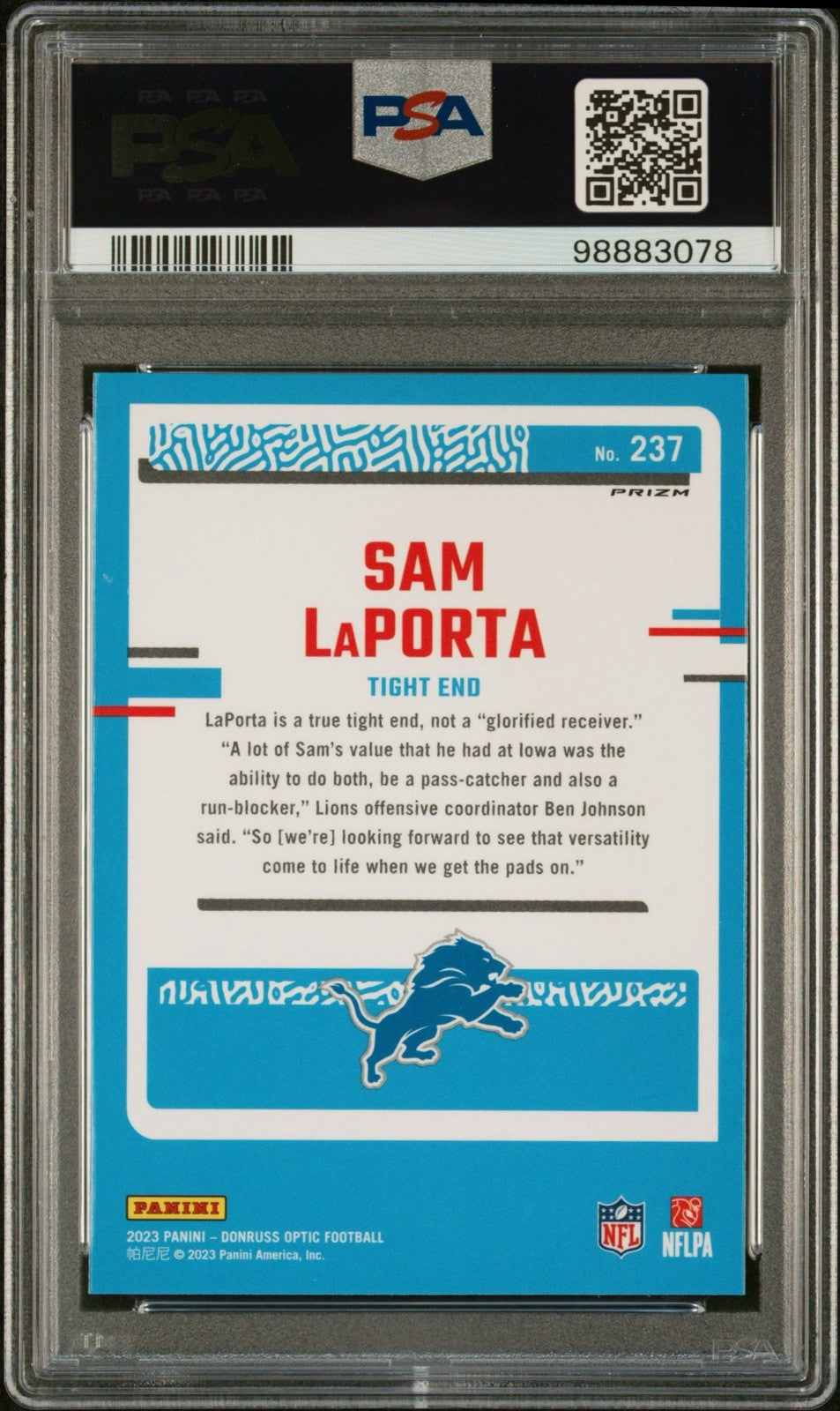 2023 DONRUSS OPTIC SAM LAPORTA #237 PURPLE SHOCK RATED ROOKIE PSA 9