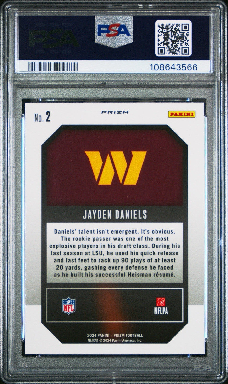 2024 PANINI PRIZM JAYDEN DANIELS EMERGENT GREEN PRIZM #2 PSA 9