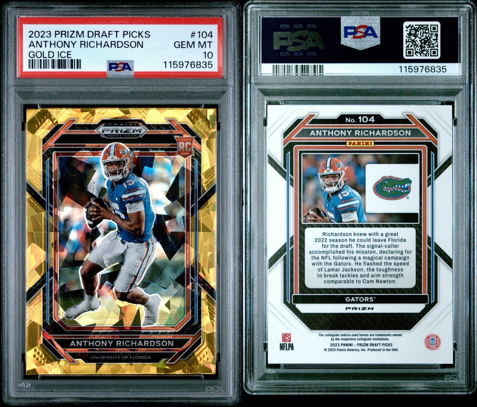 2023 PRIZM DRAFT PICKS ANTHONY RICHARDSON #104 RC GOLD ICE PSA 10
