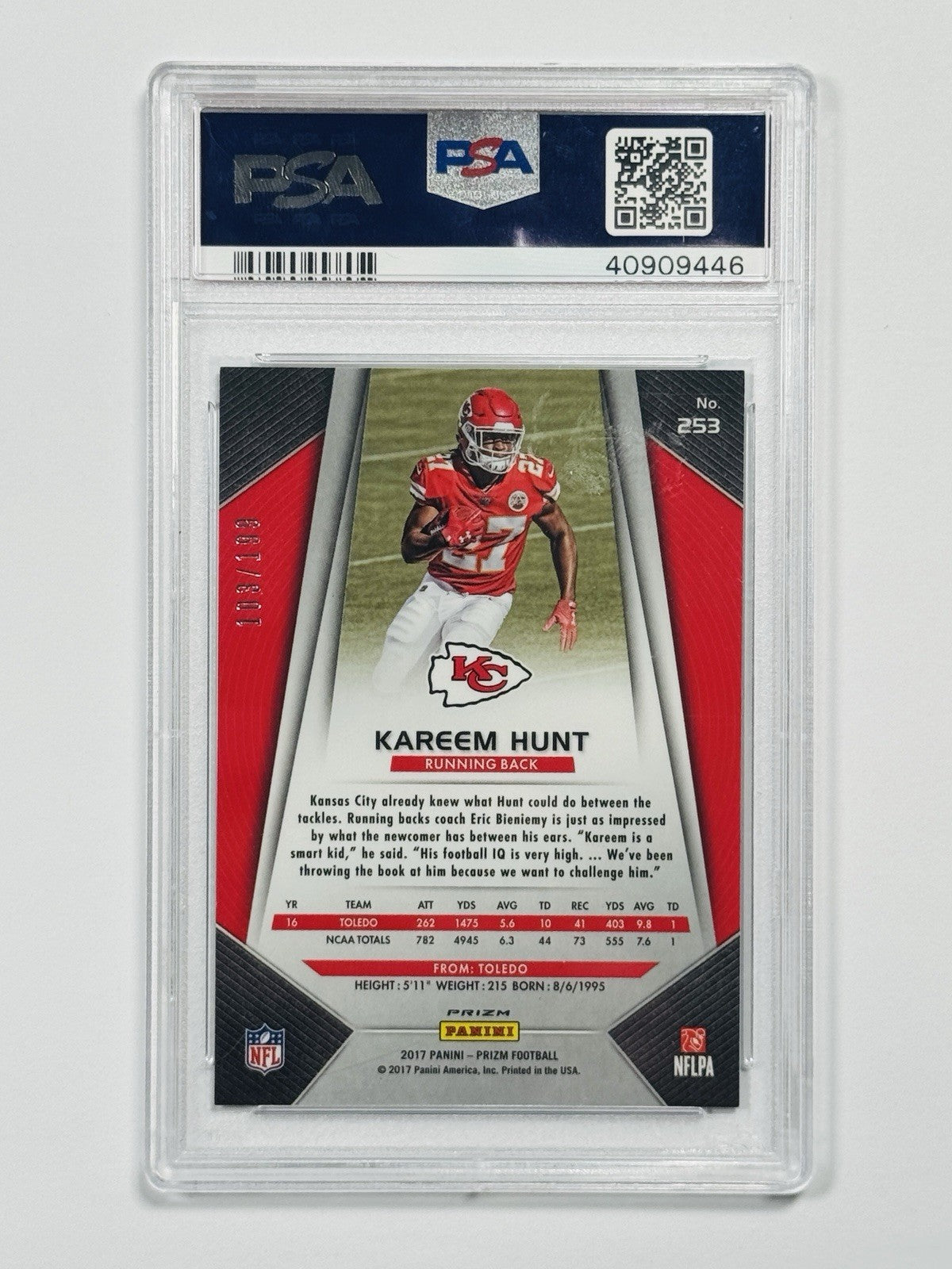 2017 PANINI PRIZM KAREEM HUNT #253 LIGHT BLUE PRIZM ROOKIE /199 PSA 10