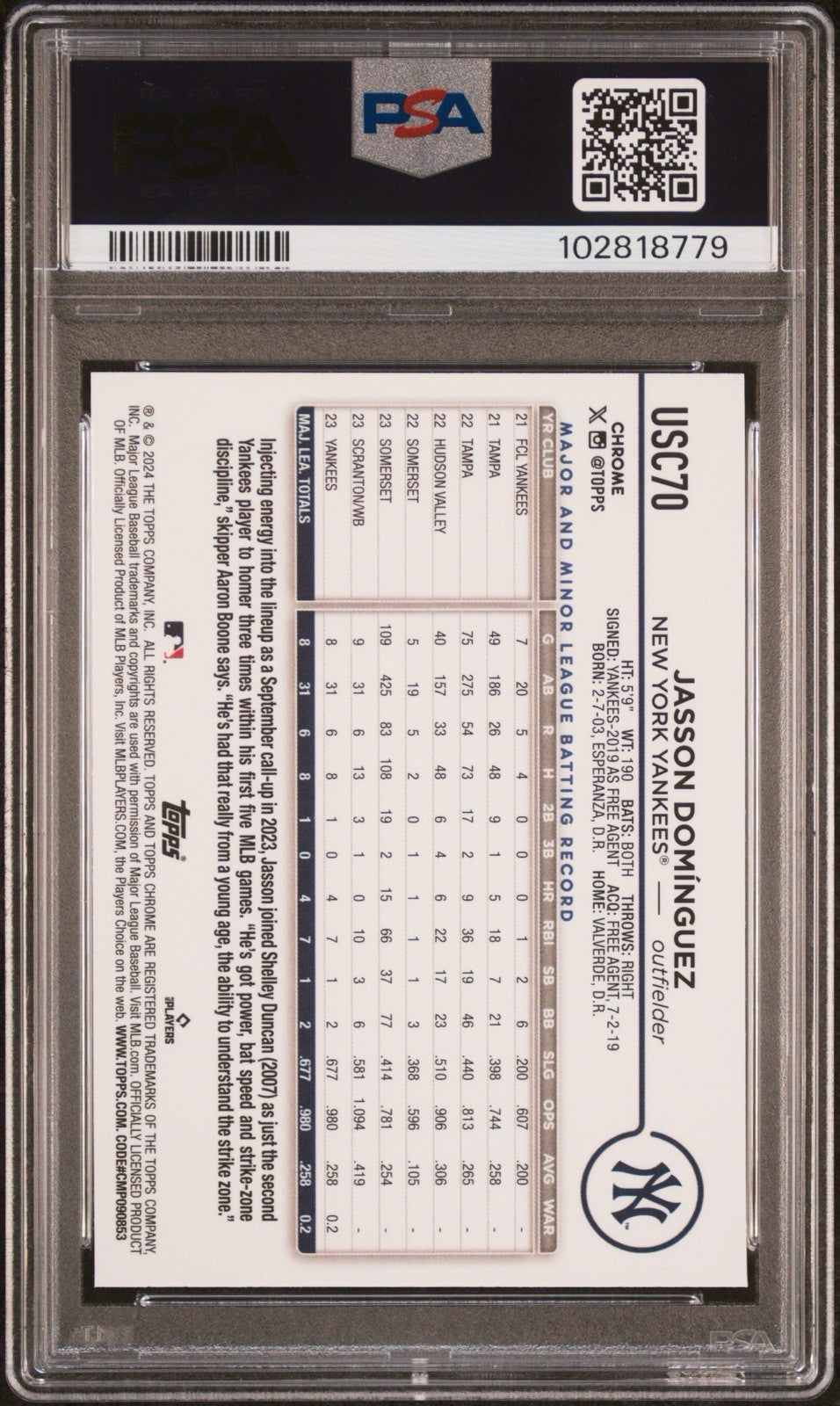 2024 TOPPS CHROME UPD JASSON DOMINGUEZ #USC70 SP ROOKIE PSA 9