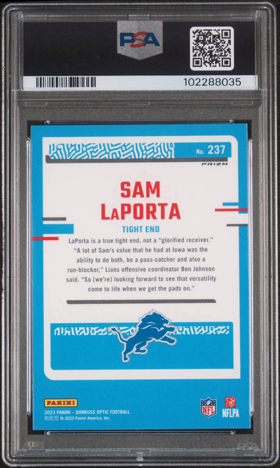 2023 DONRUSS OPTIC SAM LAPORTA #237 PINK RATED ROOKIE PSA 10